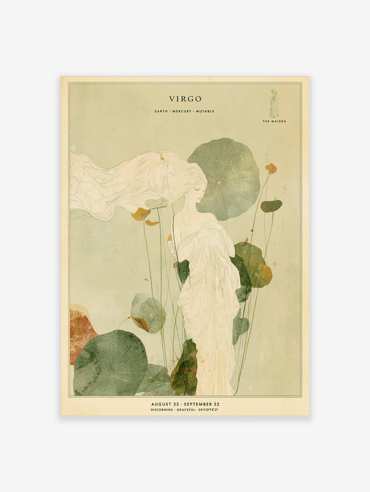 Virgo zodiac poster with celestial maiden, flowing hair, lotus leaves, and text VIRGO