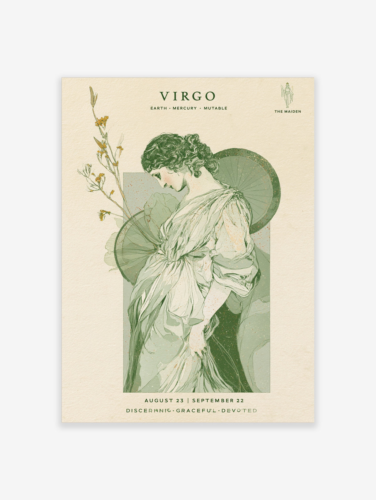 Virgo zodiac poster with maiden in draped robes, green botanical sprigs, and astrology text on cream background