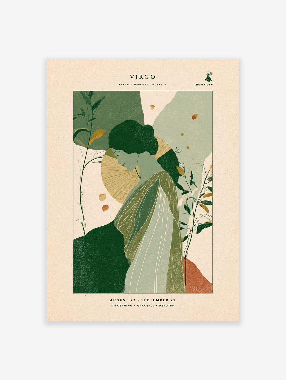 Virgo zodiac art print with green-robed maiden, gold fan, botanical leaves, and VIRGO typography