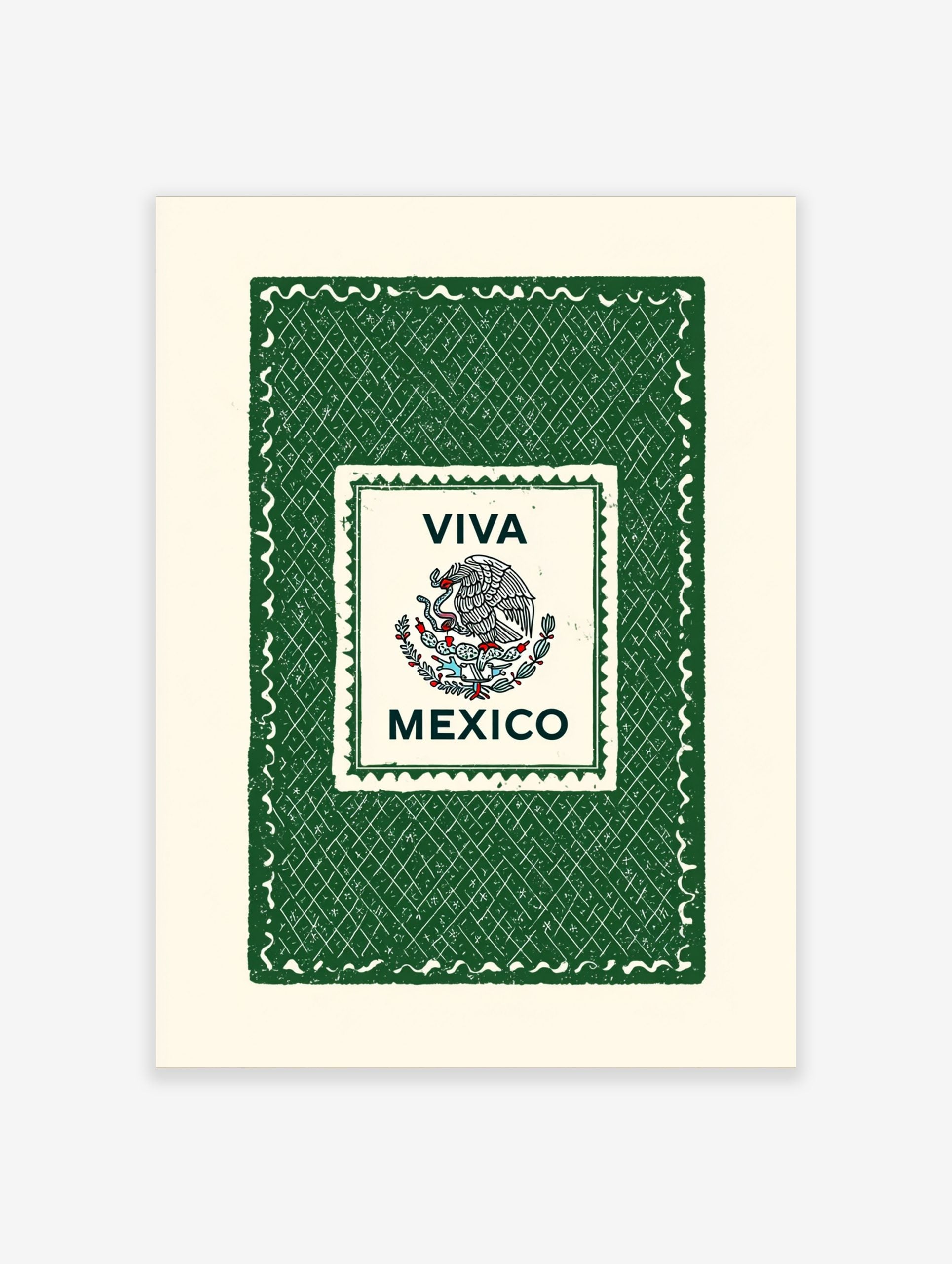 Viva Mexico wall art with Mexican eagle and snake emblem, 'VIVA MEXICO' text, green textured background, stamp border