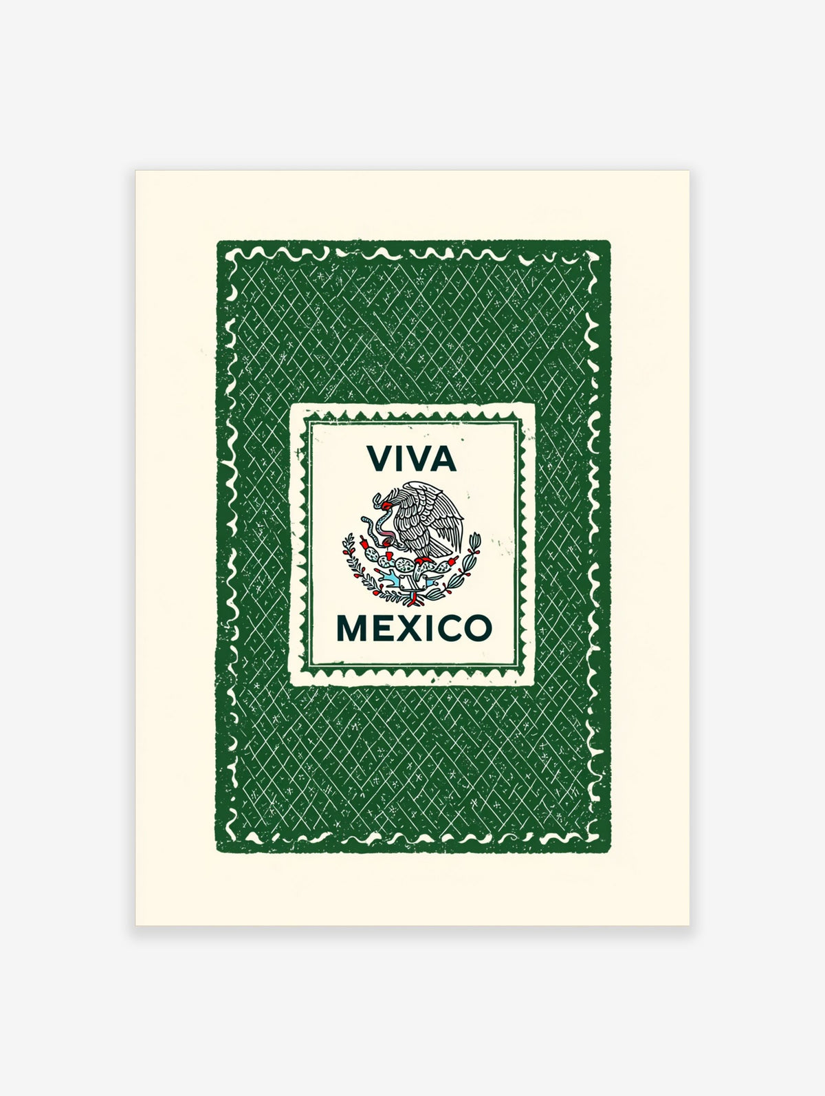 Viva Mexico wall art with Mexican eagle and snake emblem, 'VIVA MEXICO' text, green textured background, stamp border