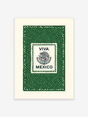 Viva Mexico wall art with Mexican eagle and snake emblem, 'VIVA MEXICO' text, green textured background, stamp border