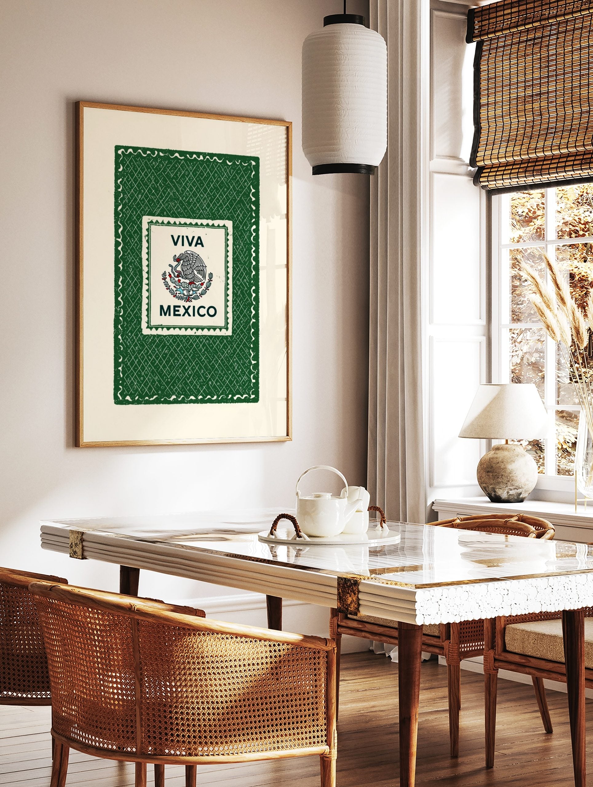 Viva Mexico wall art with Mexican eagle and snake emblem, 'VIVA MEXICO' text, green textured, in a styled room mockup