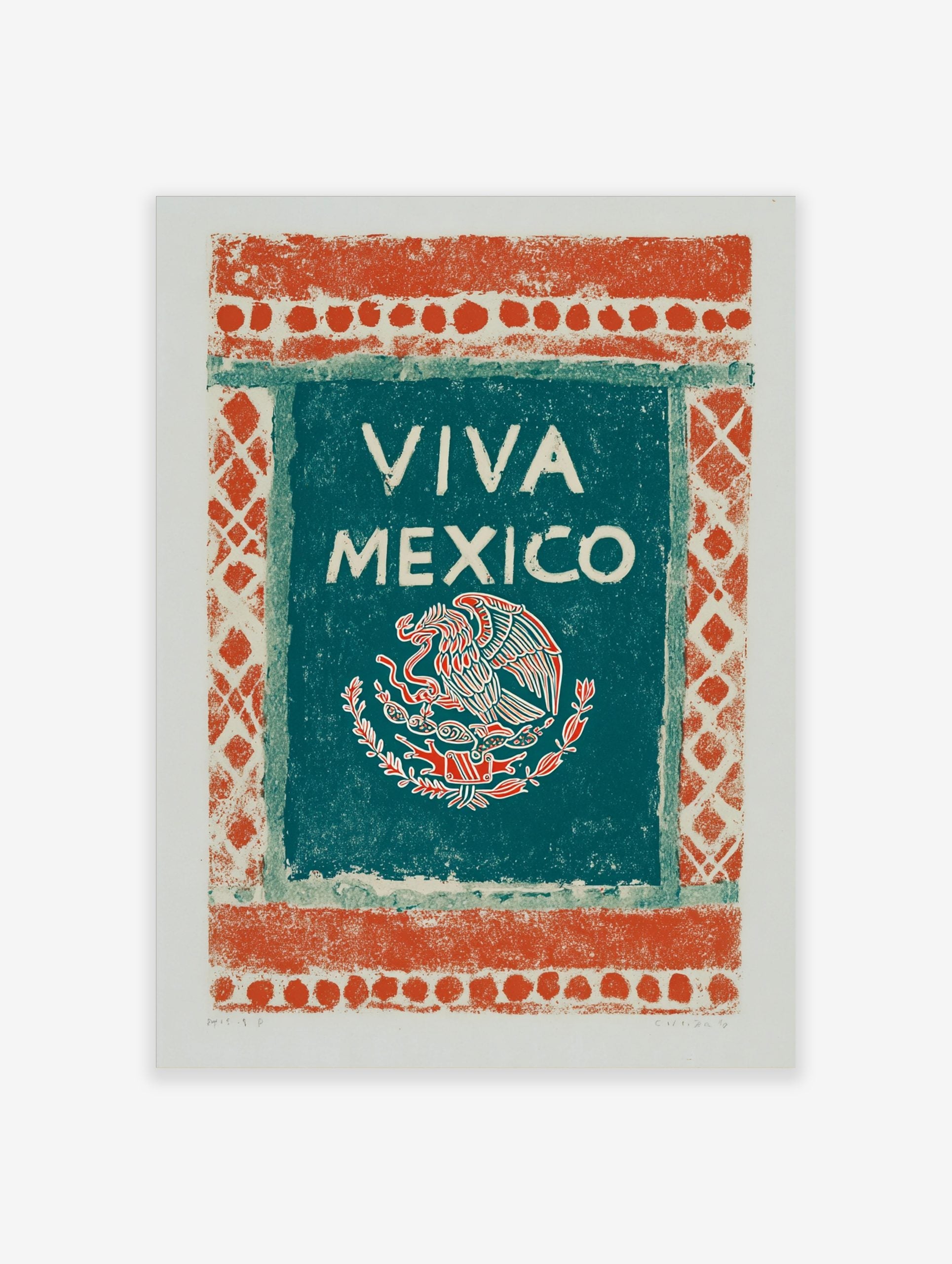 Viva Mexico art print with an eagle, snake, and cactus emblem on a teal-green panel with an orange-red patterned border