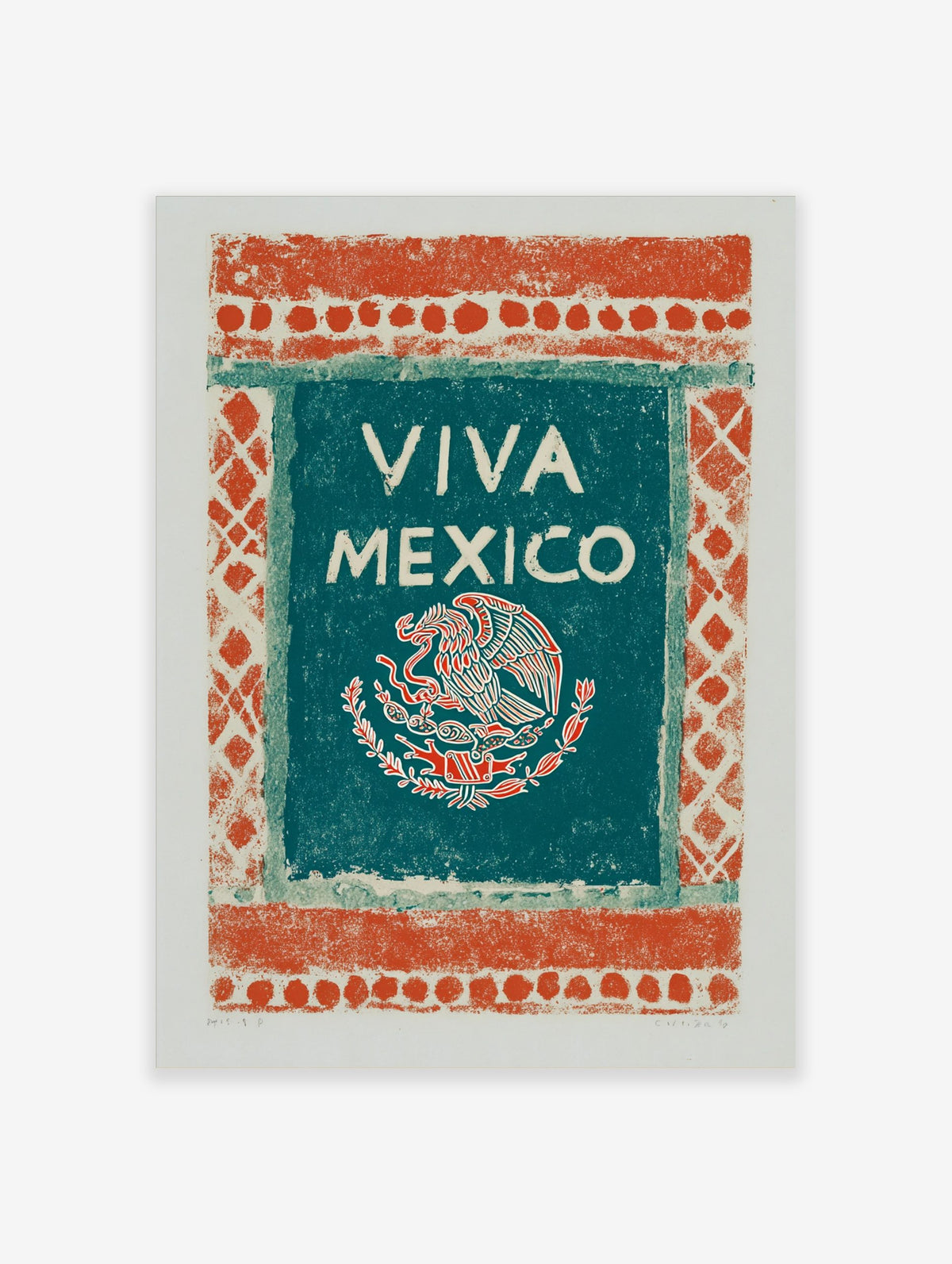 Viva Mexico art print with an eagle, snake, and cactus emblem on a teal-green panel with an orange-red patterned border