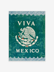Viva Mexico Wall Art with white Mexican eagle emblem on dark green, blue patterned borders