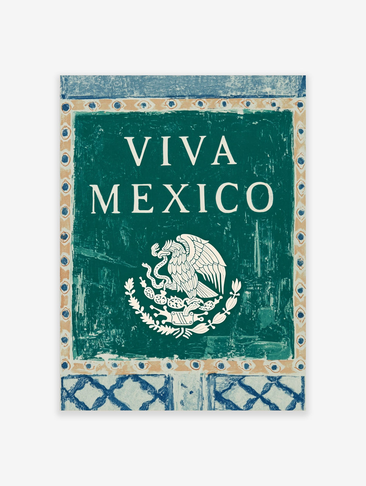 Viva Mexico wall art with white text and Mexican national emblem of eagle and snake on teal background, folk art border