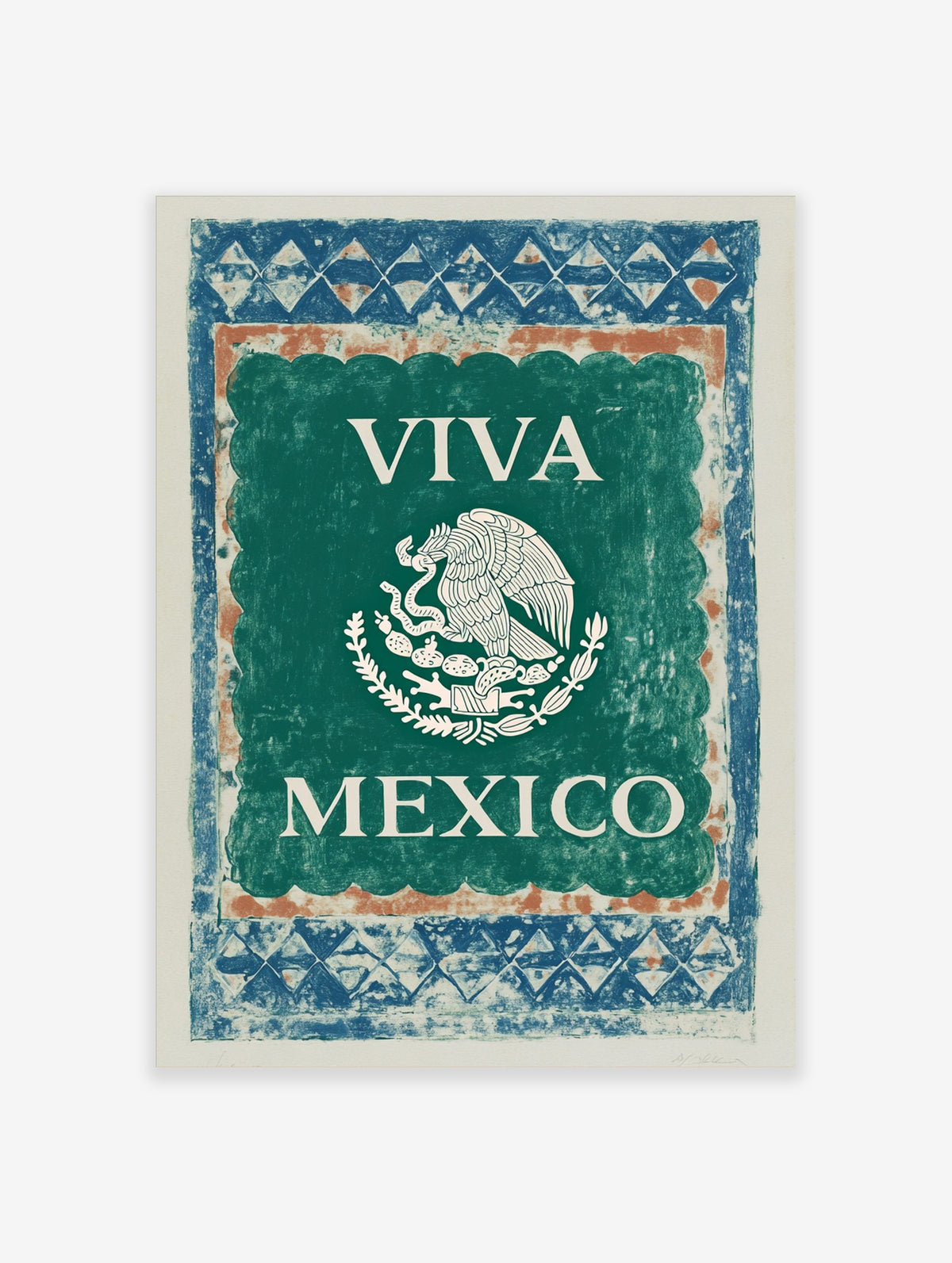 VIVA MEXICO wall art print with white Mexican eagle emblem on green background and blue-orange border