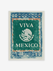 VIVA MEXICO wall art print with white Mexican eagle emblem on green background and blue-orange border