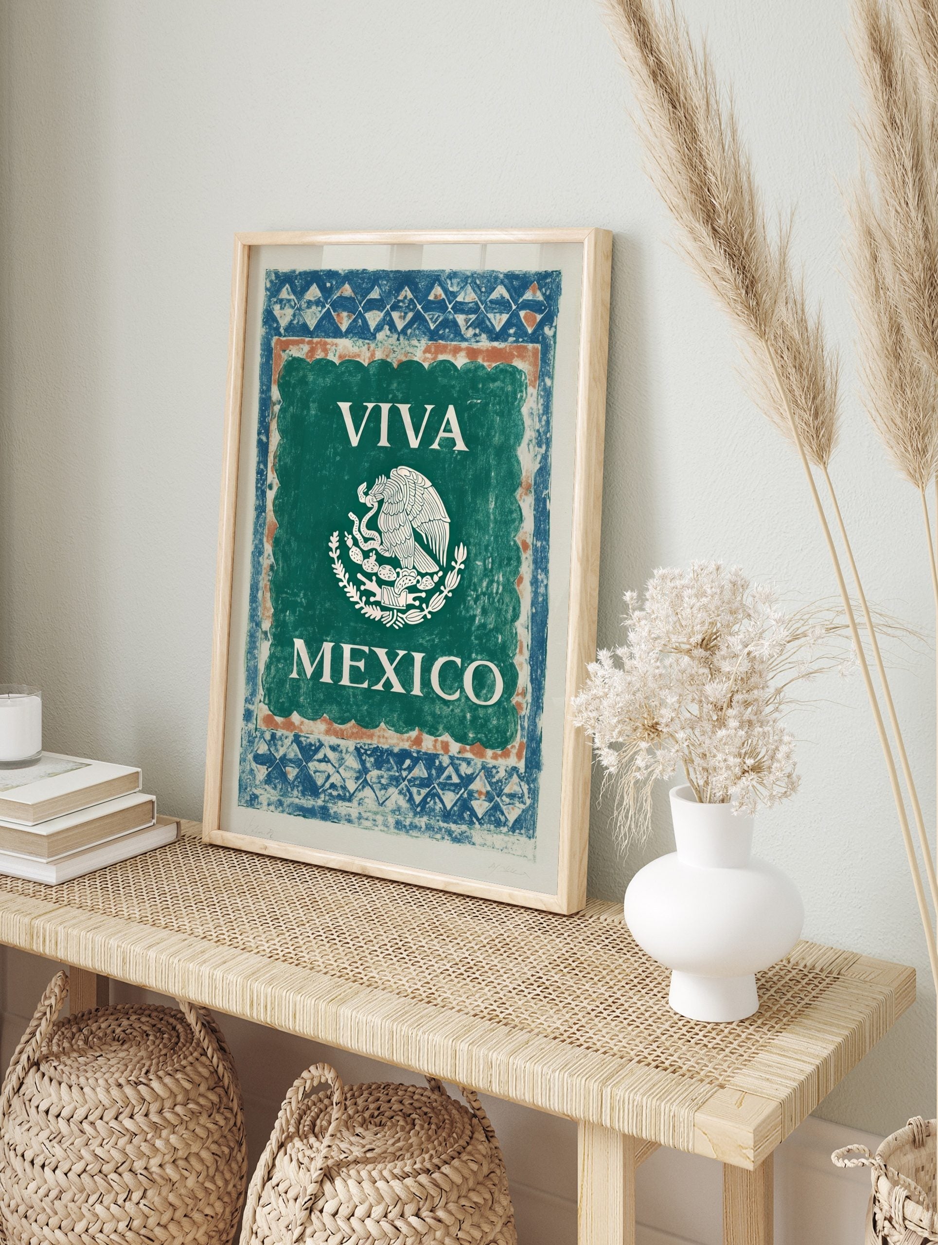 VIVA MEXICO wall art print with white Mexican eagle emblem on green background and, in an alternate framed mockup
