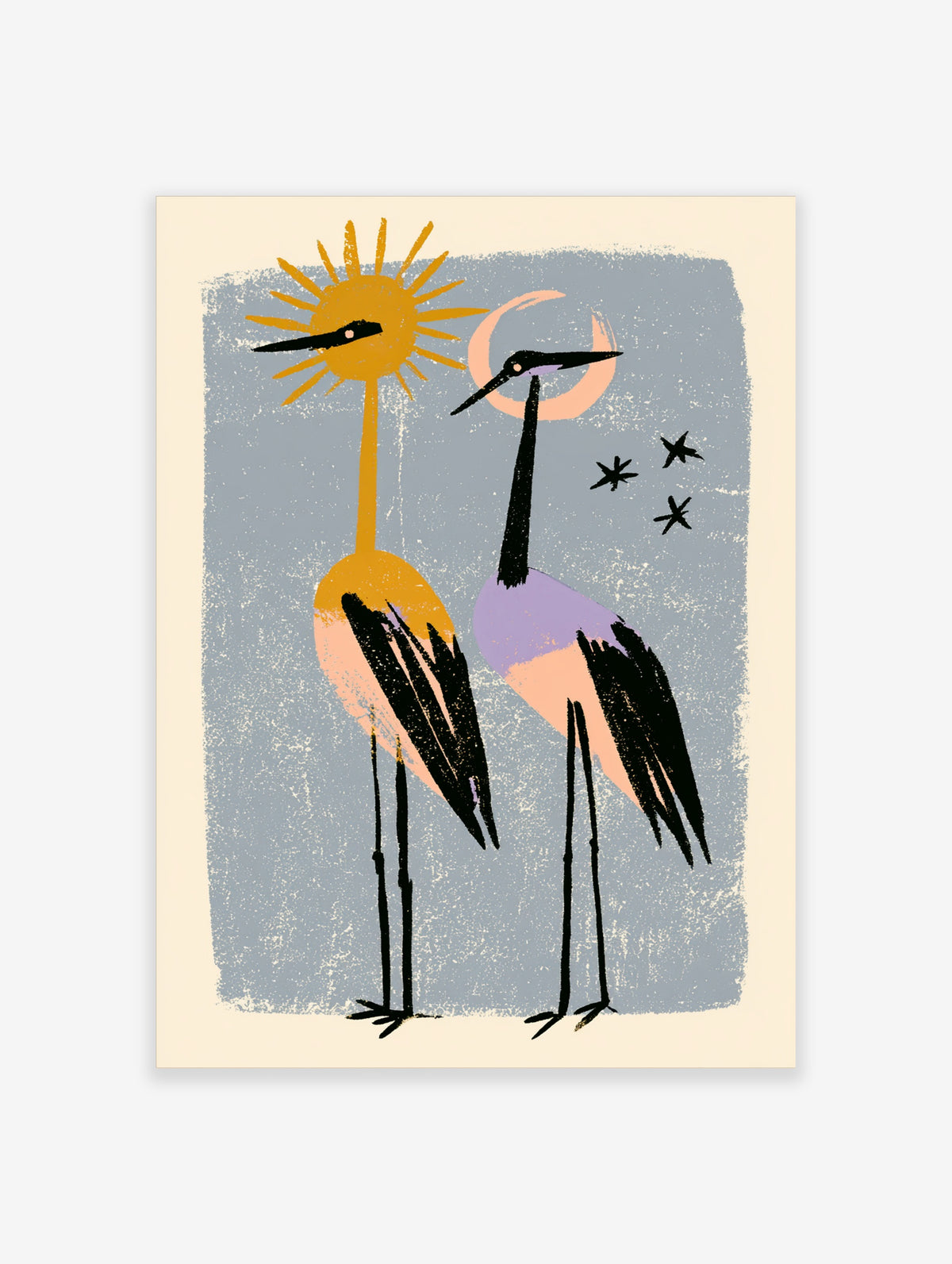 Two wading birds art print with yellow sun, crescent moon, and stars on a grey-blue background