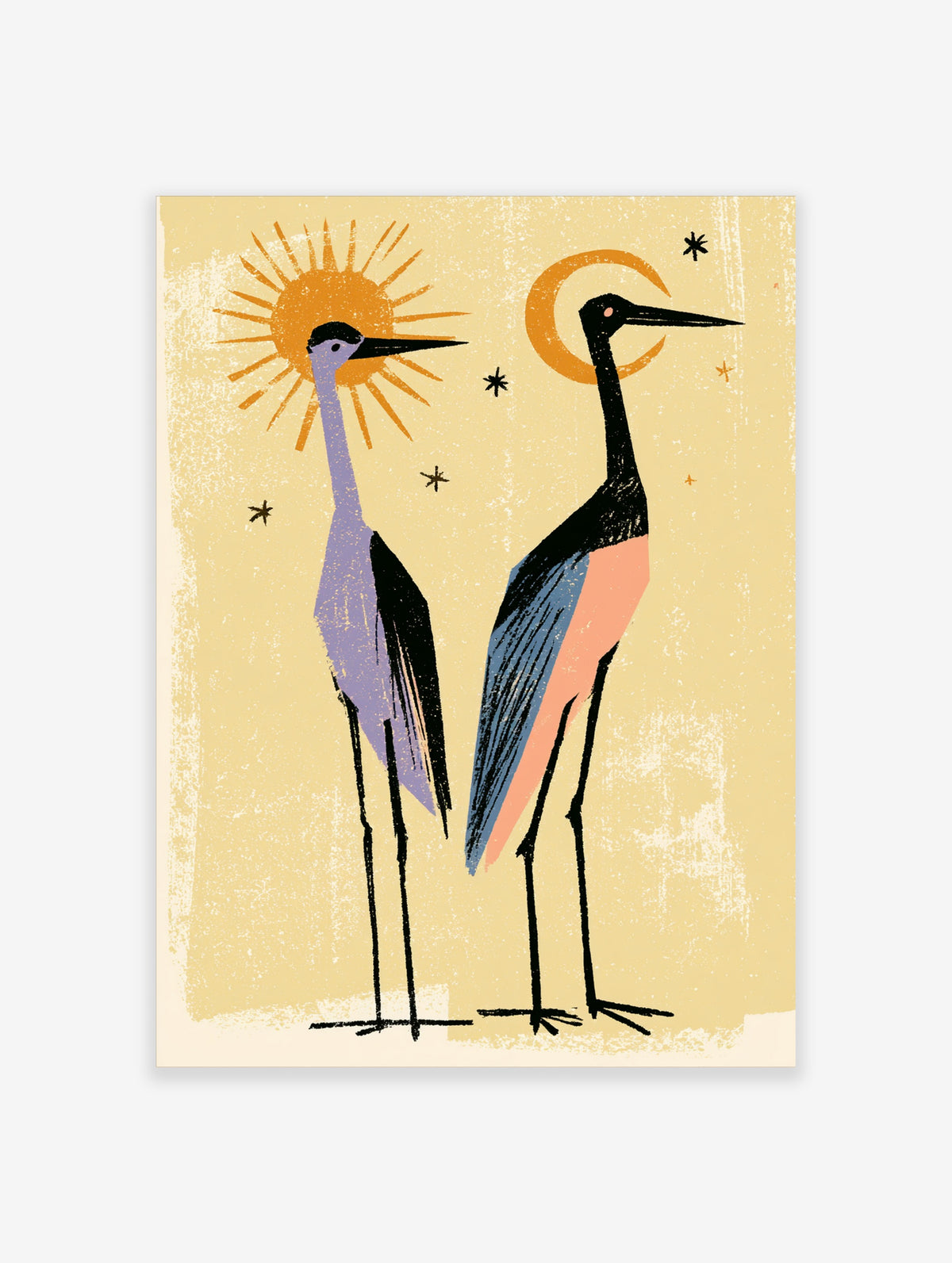 Two stylised wading birds under a sun and crescent moon on a beige textured background
