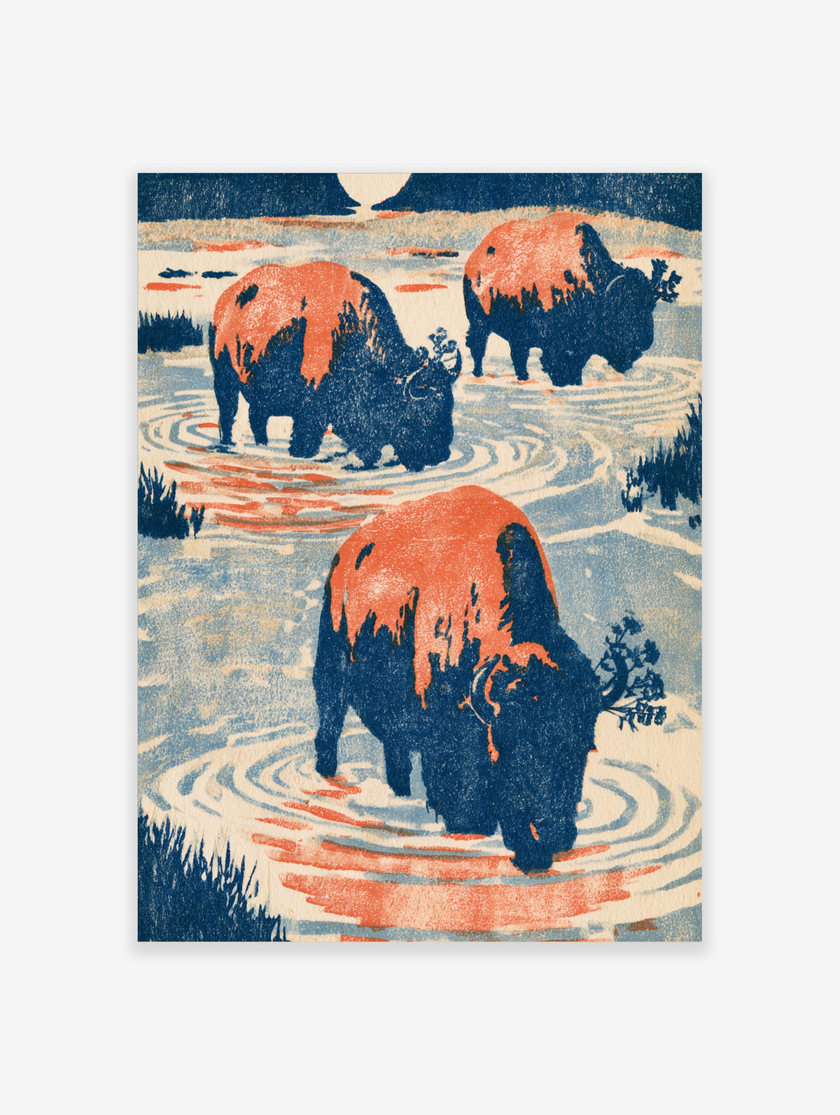 Japanese woodblock poster of three buffalo wading through rippling water beneath a pale moon