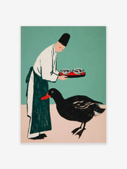 Illustrative print of person in chef's hat holding tray for black duck with red beak on teal and pink background