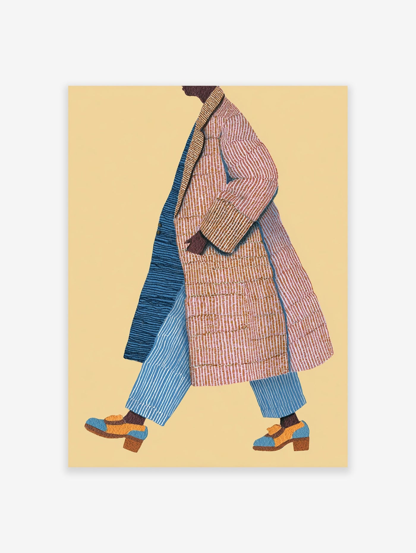 Stylized walking figure wall art illustration of a person in a striped orange and blue coat with blue striped pants.