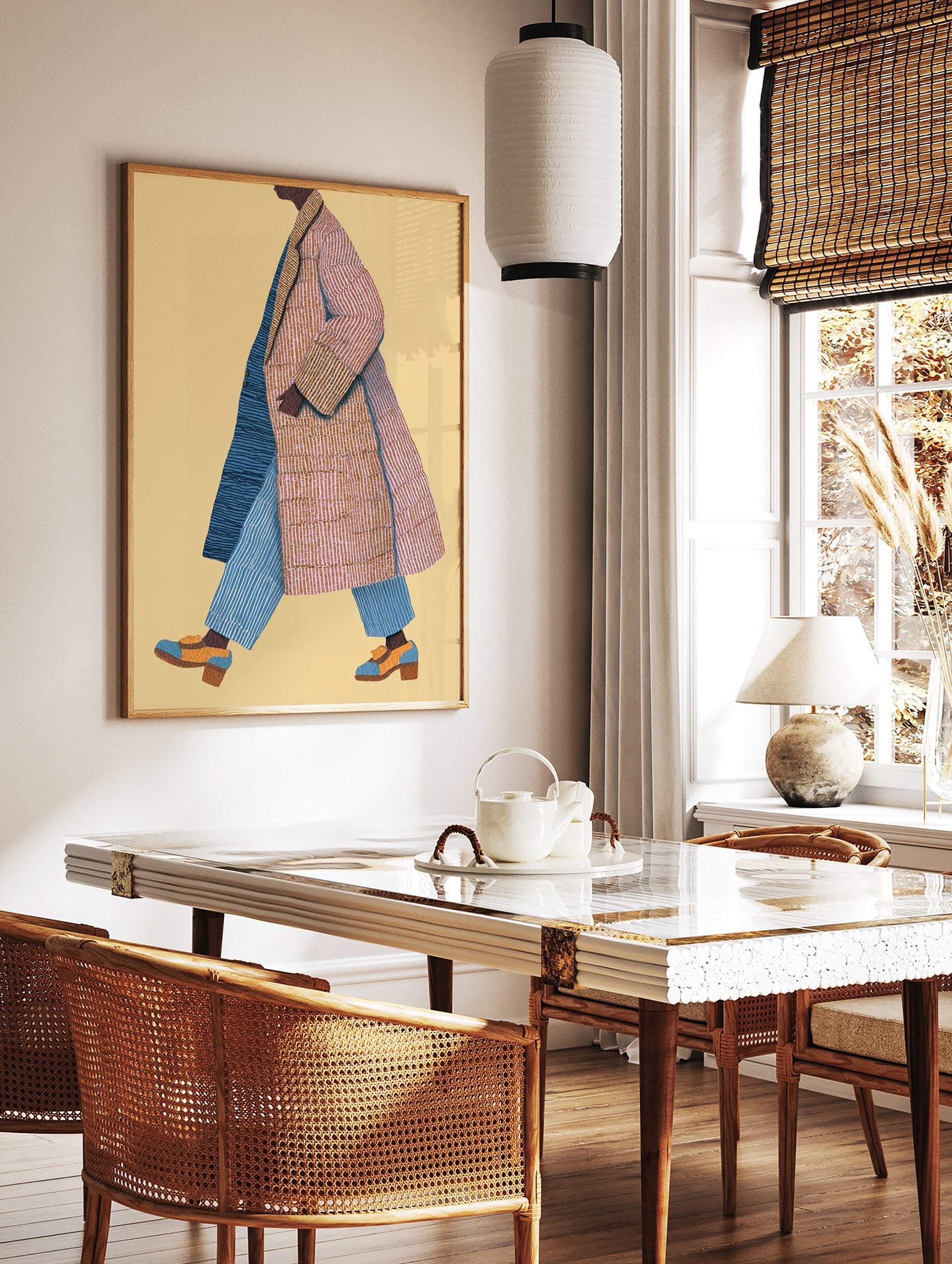 Stylized walking figure wall art illustration of a person in a striped orange and blue coat with blue striped pants. - Image 3