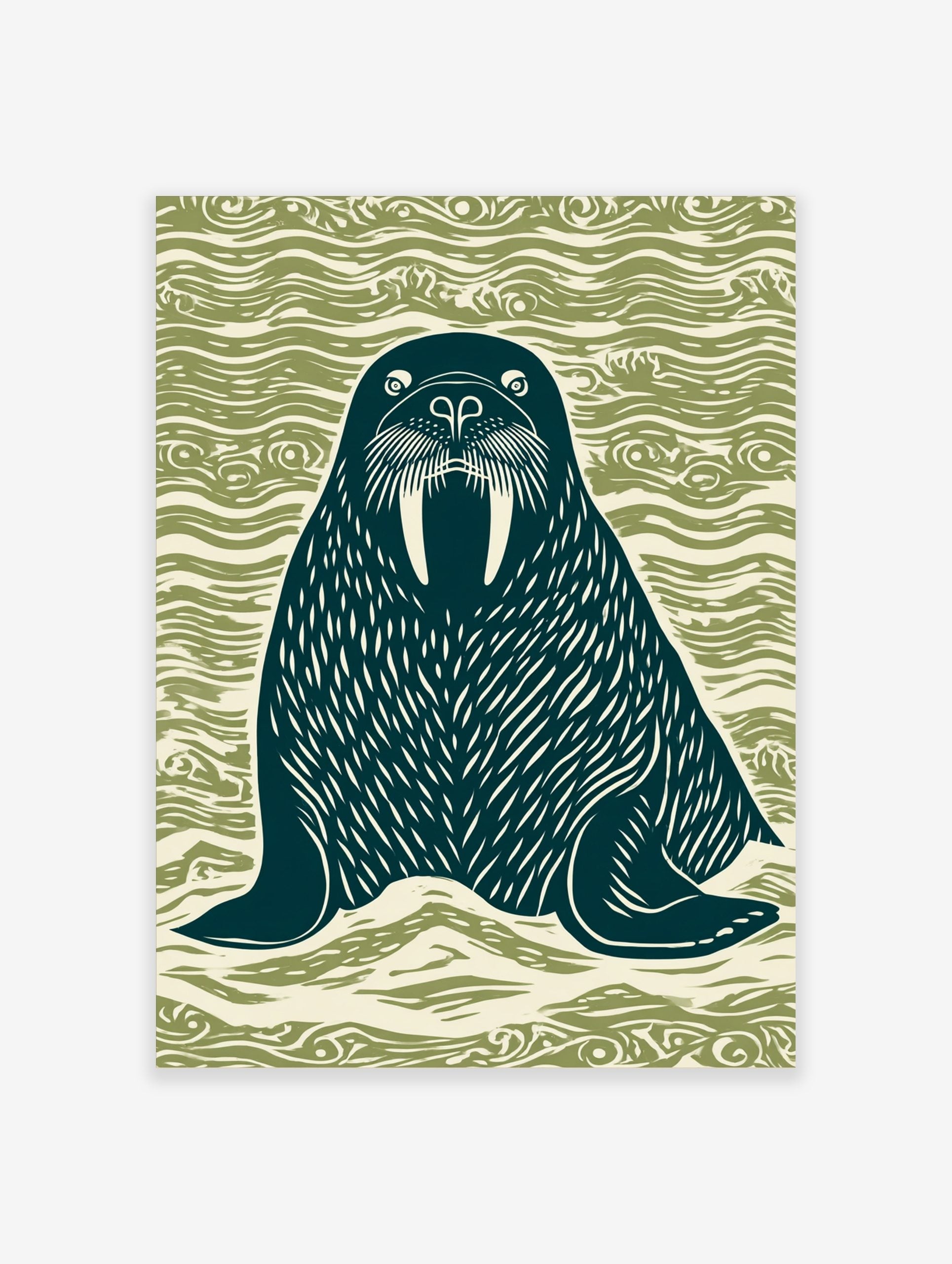 Linocut style walrus illustration with large tusks, dark teal on wavy green background