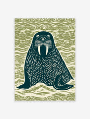 Linocut style walrus illustration with large tusks, dark teal on wavy green background