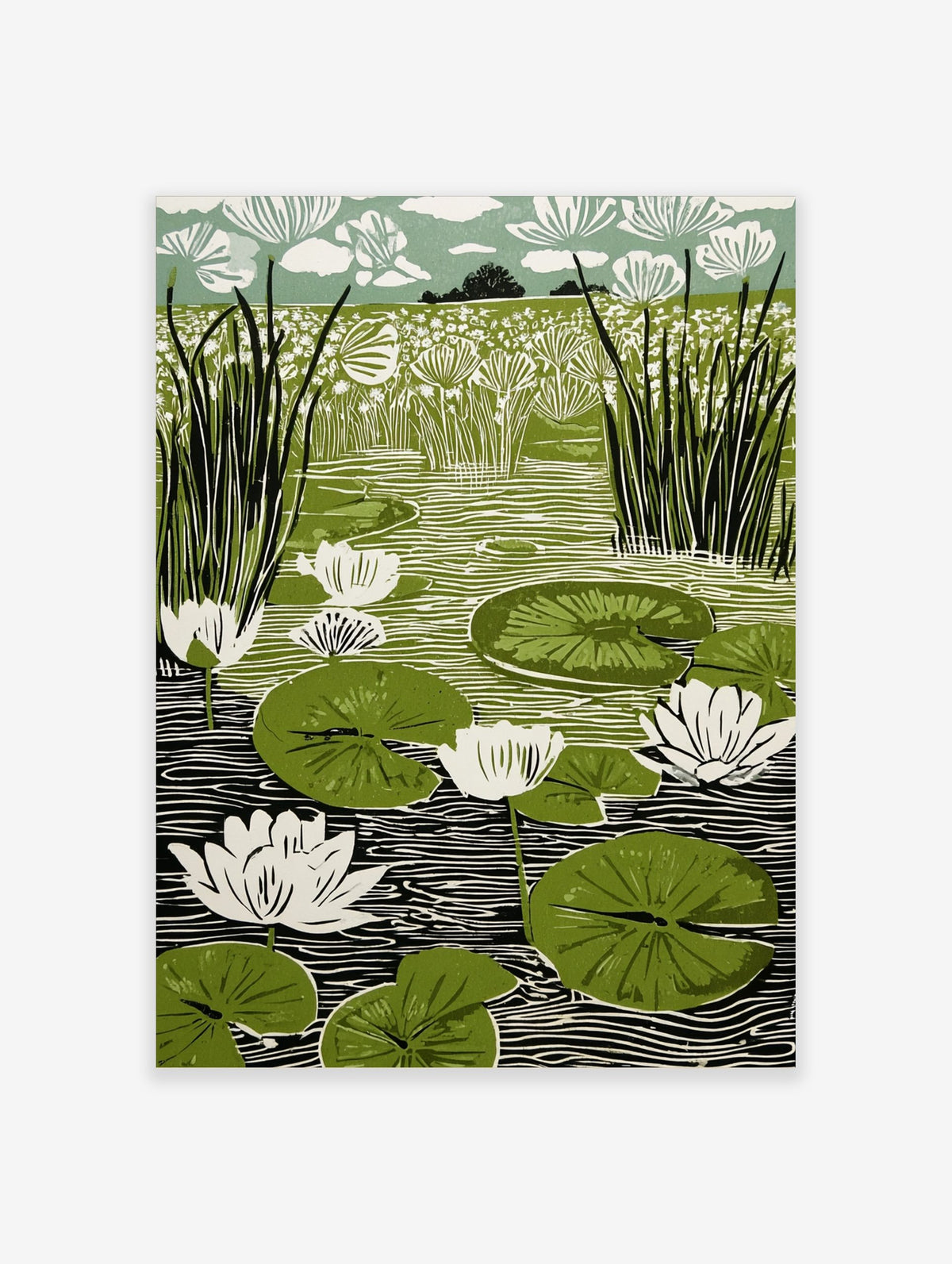 Linocut print of a pond with white water lilies, green lily pads, and tall reeds against a floral field