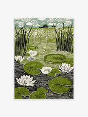 Linocut print of a pond with white water lilies, green lily pads, and tall reeds against a floral field