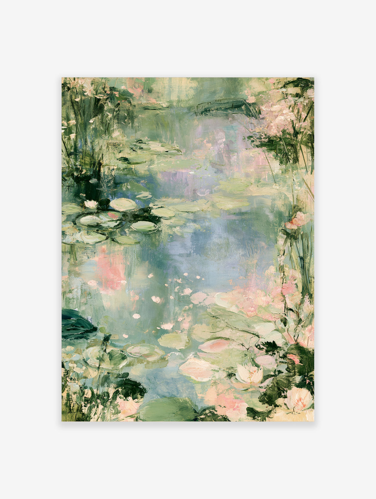 Water lily pond art print with pink lotus flowers, green lily pads and soft reflections