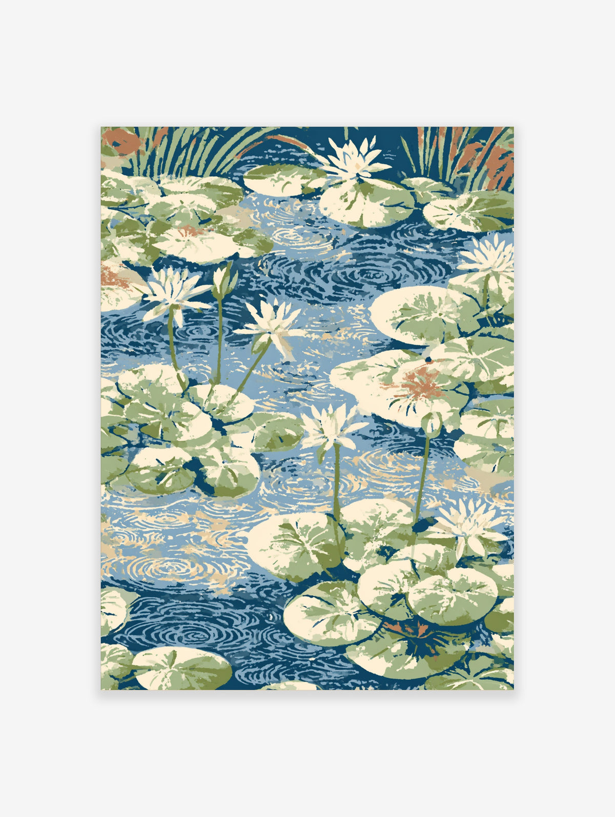 Water lily pond poster with white flowers, green lily pads, and blue rippled water