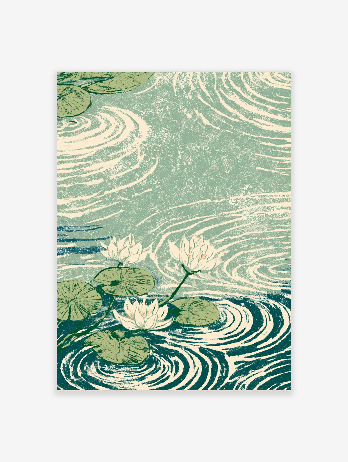 Water lily pond poster with white lotus flowers, green lily pads, and rippling teal water in Japanese woodblock style