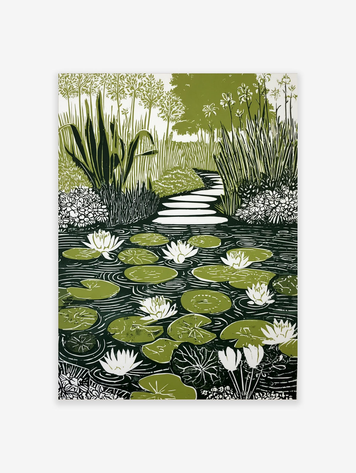 Illustrative green and white water lily pond print with stepping stone path and garden foliage