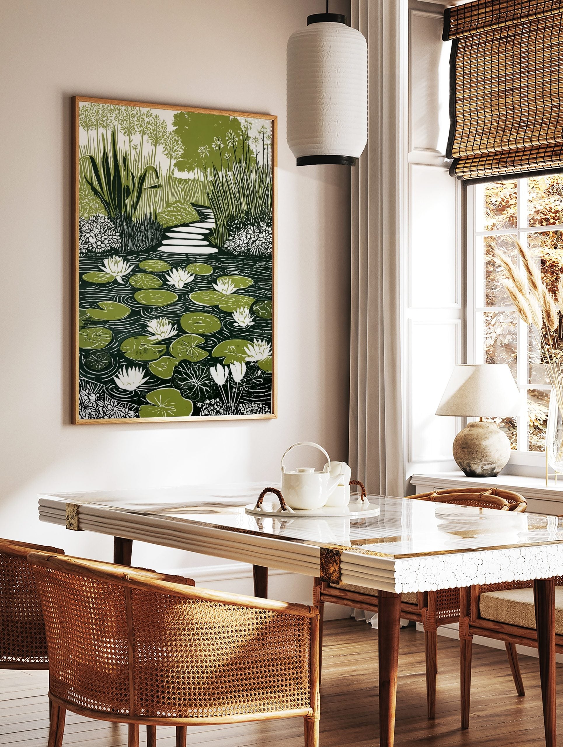 Illustrative green and white water lily pond print with stepping stone path and garden foliage, in a styled room mockup