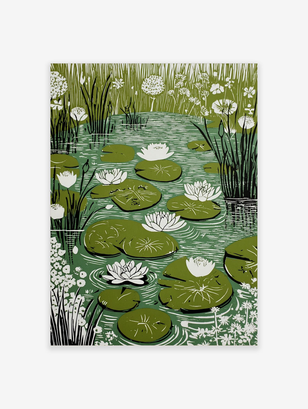 Illustrative water lily pond print with white water lilies, green lily pads, and tall reeds in a pond