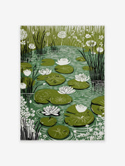 Illustrative water lily pond print with white water lilies, green lily pads, and tall reeds in a pond