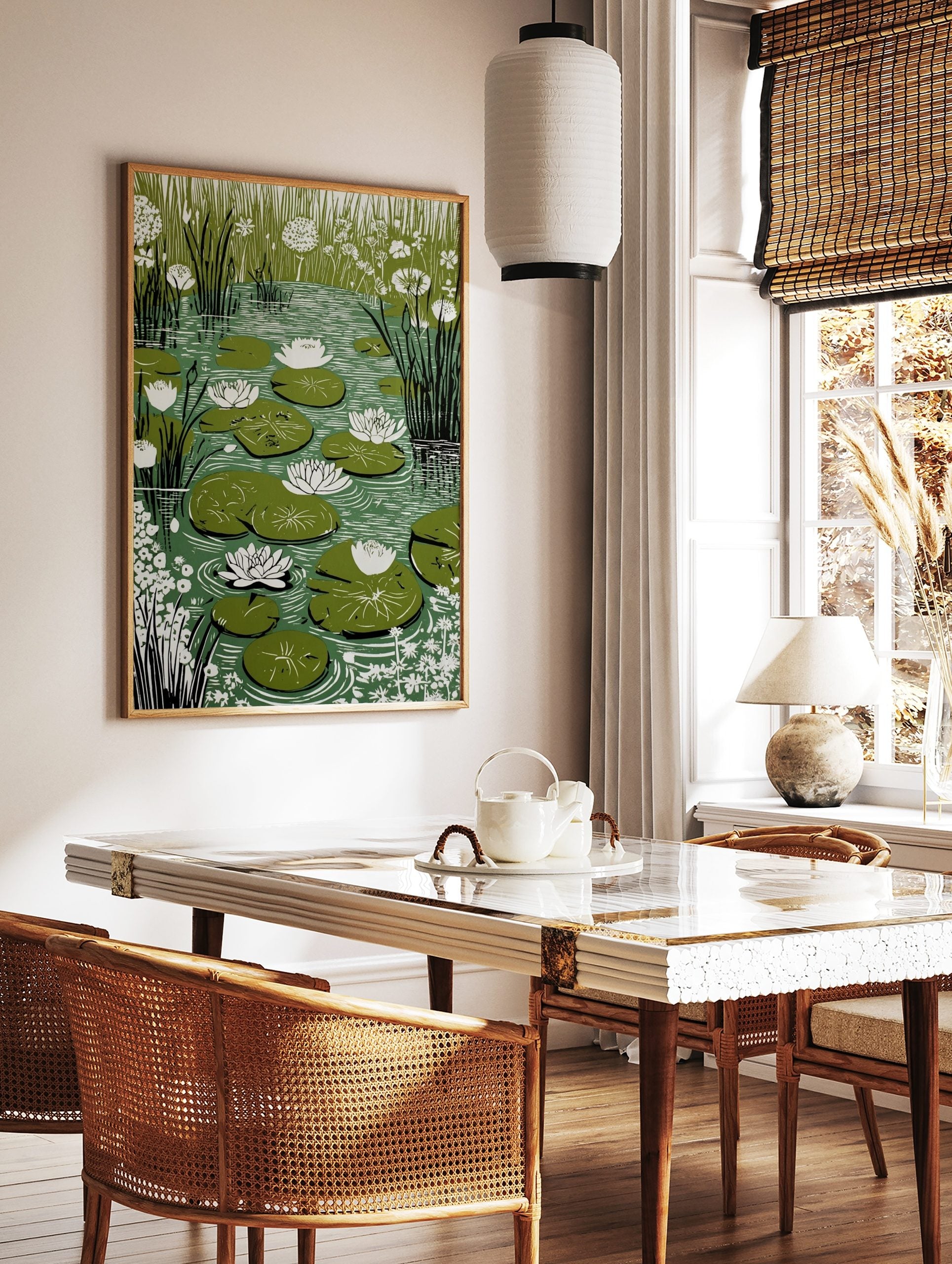 Illustrative water lily pond print with white water lilies, green lily pads, and tall reeds in a, in a styled room mockup