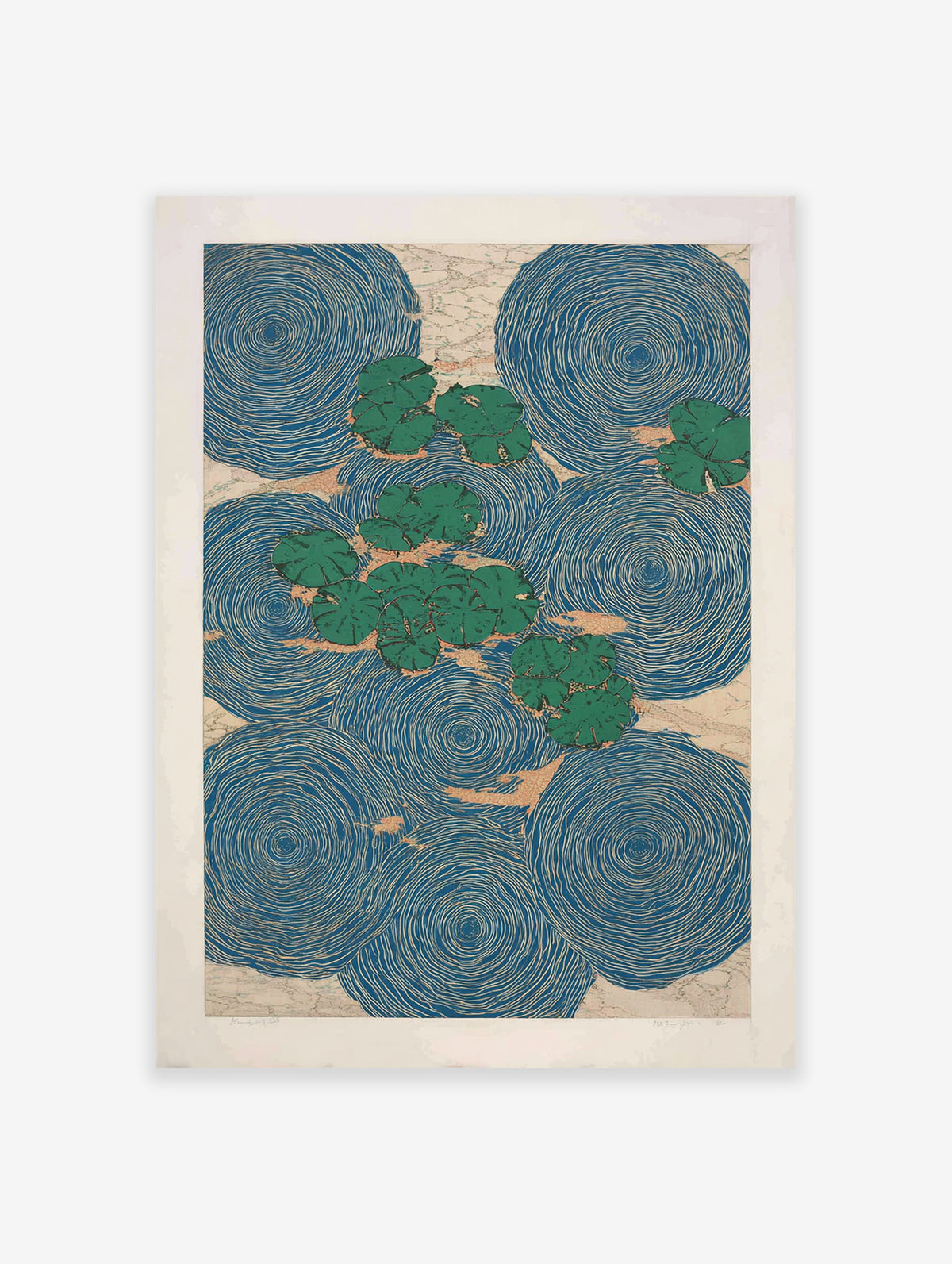 Water lily poster featuring green lily pads floating on blue water with concentric ripple patterns and beige background texture.