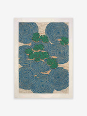 Water lily poster featuring green lily pads floating on blue water with concentric ripple patterns and beige background texture.