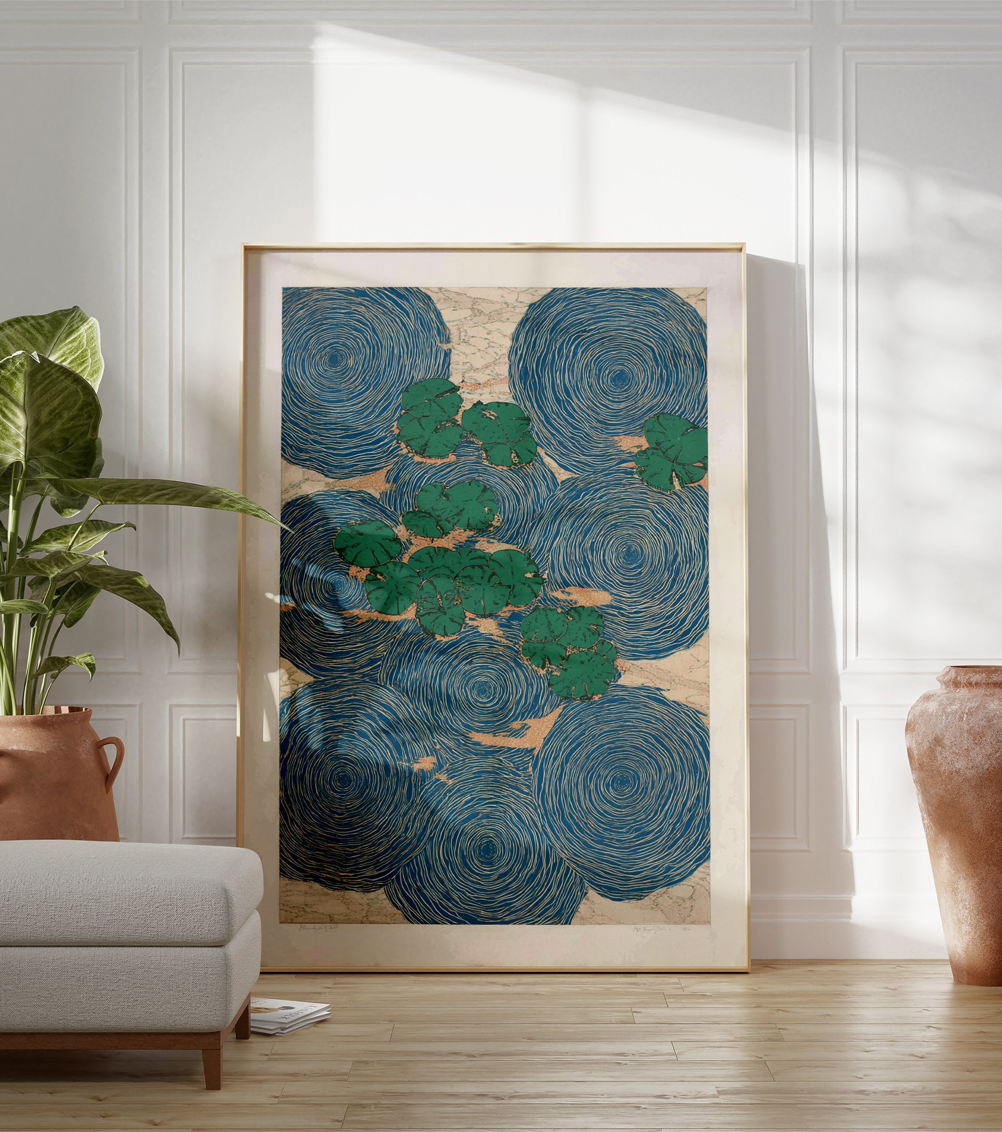Water lily poster featuring green lily pads floating on blue water with concentric ripple patterns and beige background texture. - Image 3