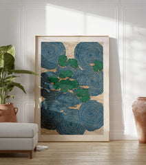 Water lily poster featuring green lily pads floating on blue water with concentric ripple patterns and beige background texture. - Image 3