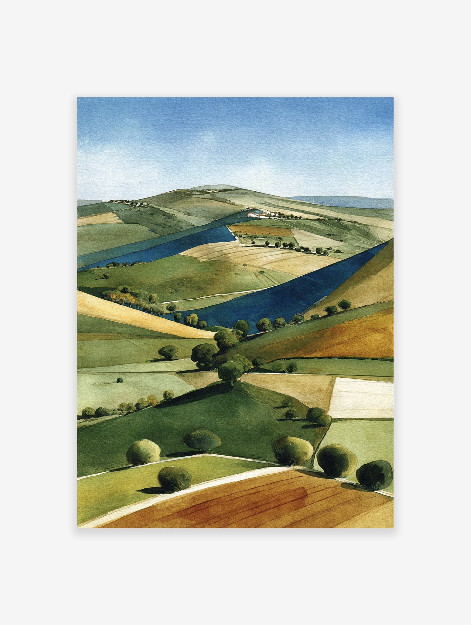 Watercolor landscape painting featuring rolling green and yellow fields, distant hills, and a blue sky in a rural setting.