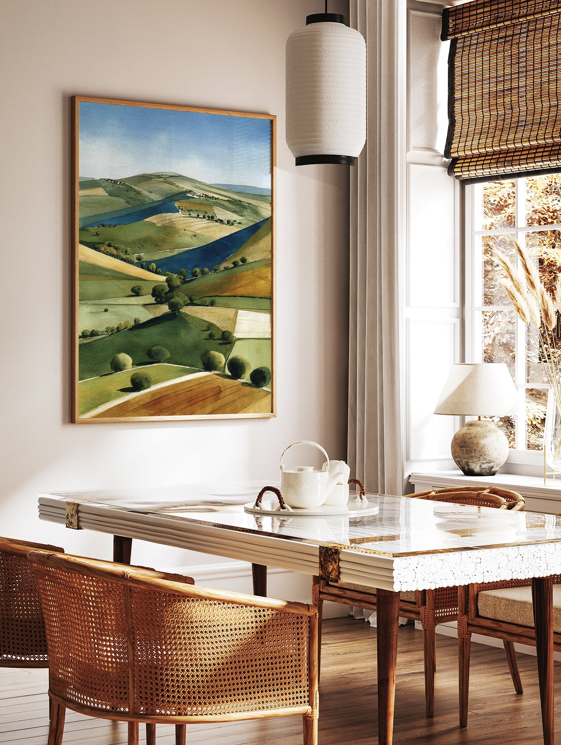 Watercolor landscape painting featuring rolling green and yellow fields, distant hills, and a blue sky in a rural setting. - Image 2