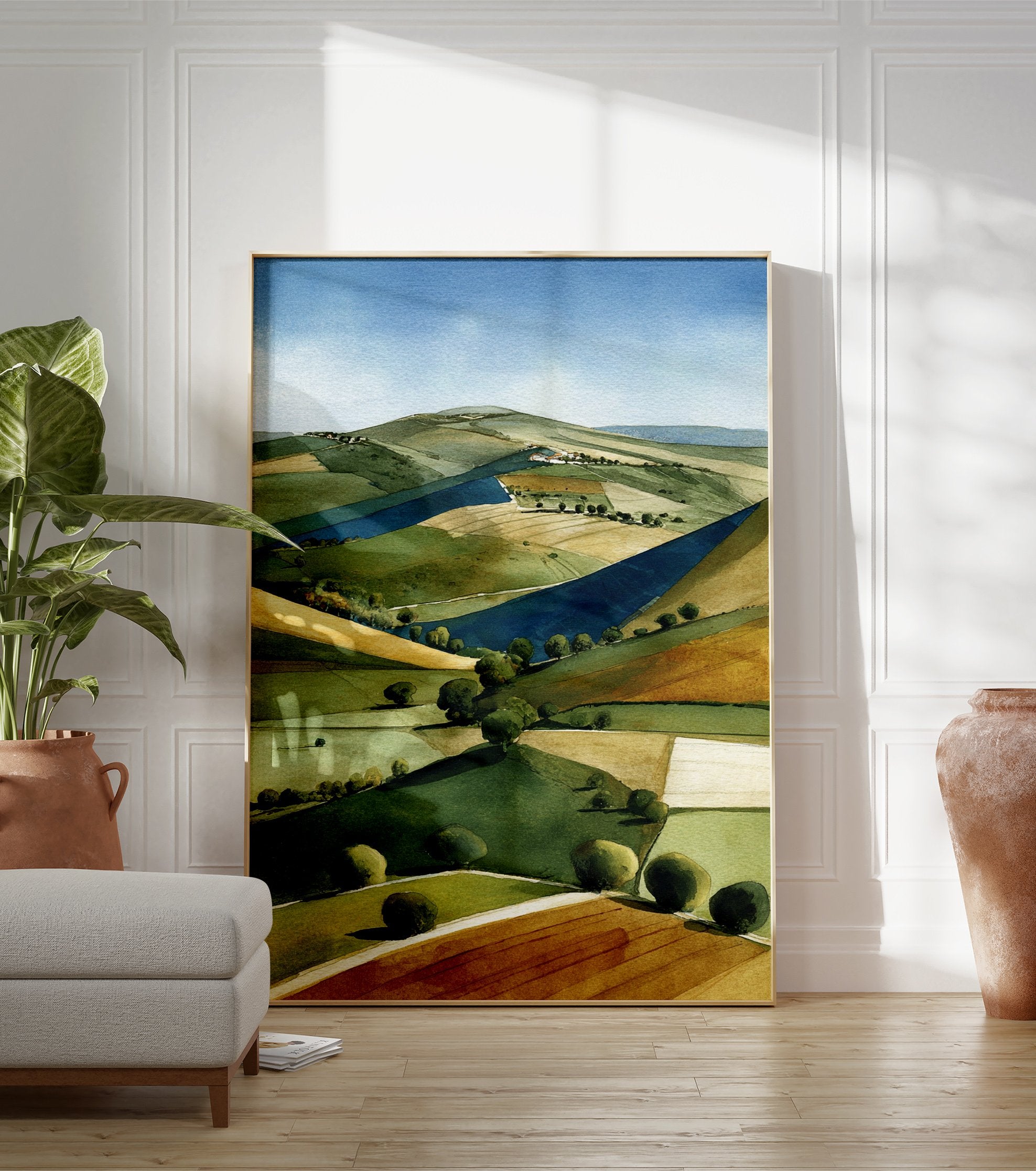 Watercolor landscape painting featuring rolling green and yellow fields, distant hills, and a blue sky in a rural setting. - Image 3