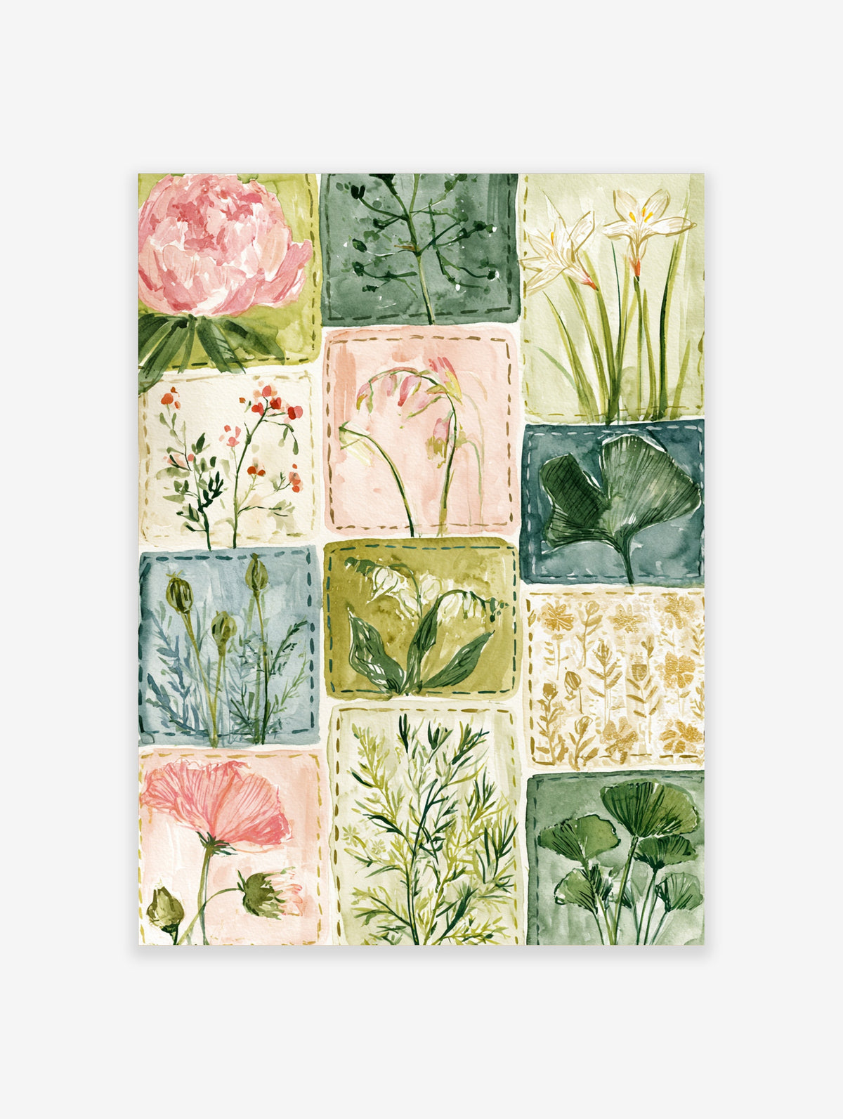 Watercolour botanical grid art print with pink peony, ginkgo leaves and wildflowers in stitched panels