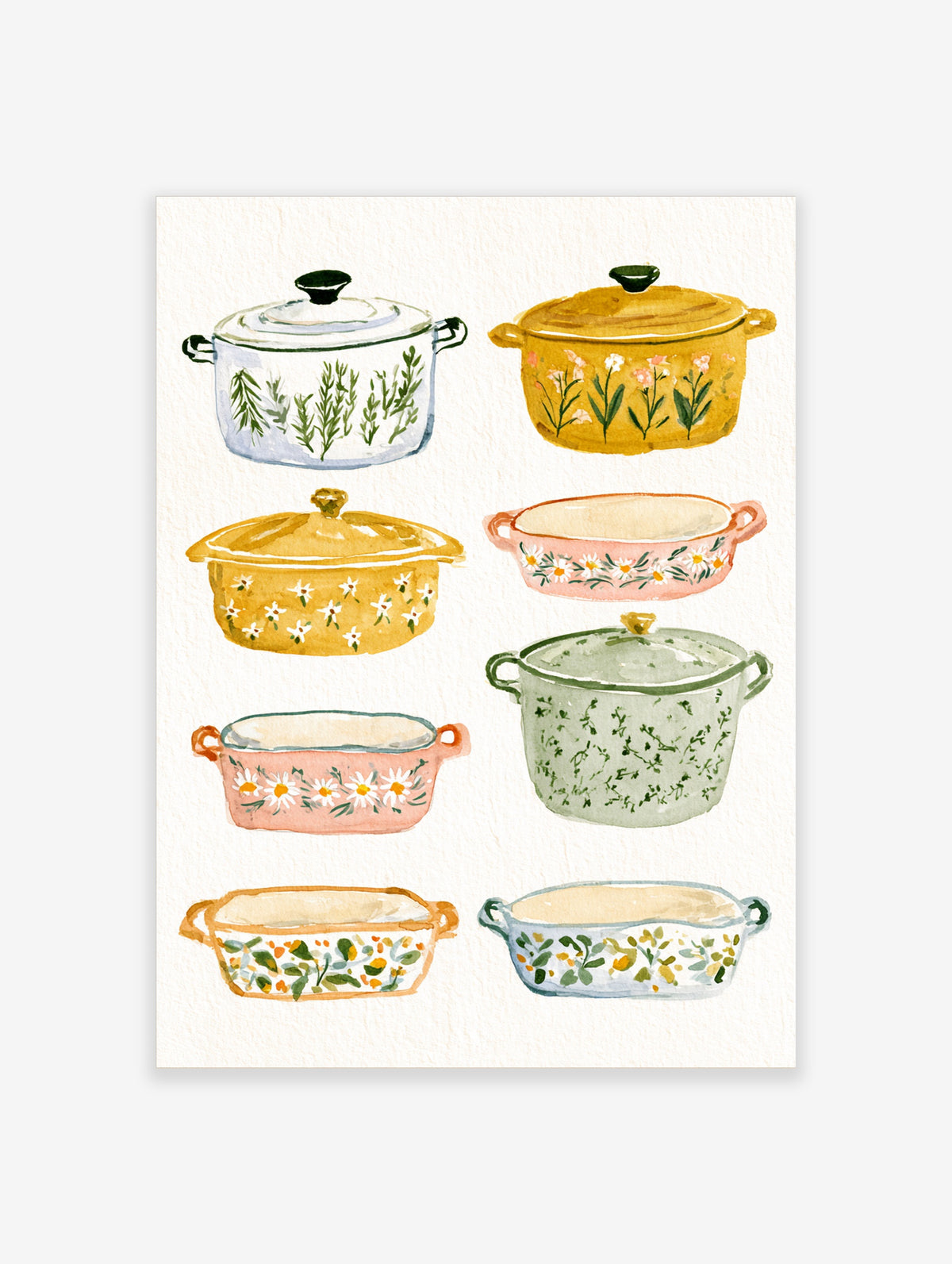 Watercolour illustration of nine colourful pots and casserole dishes with floral and herb motifs on a white background