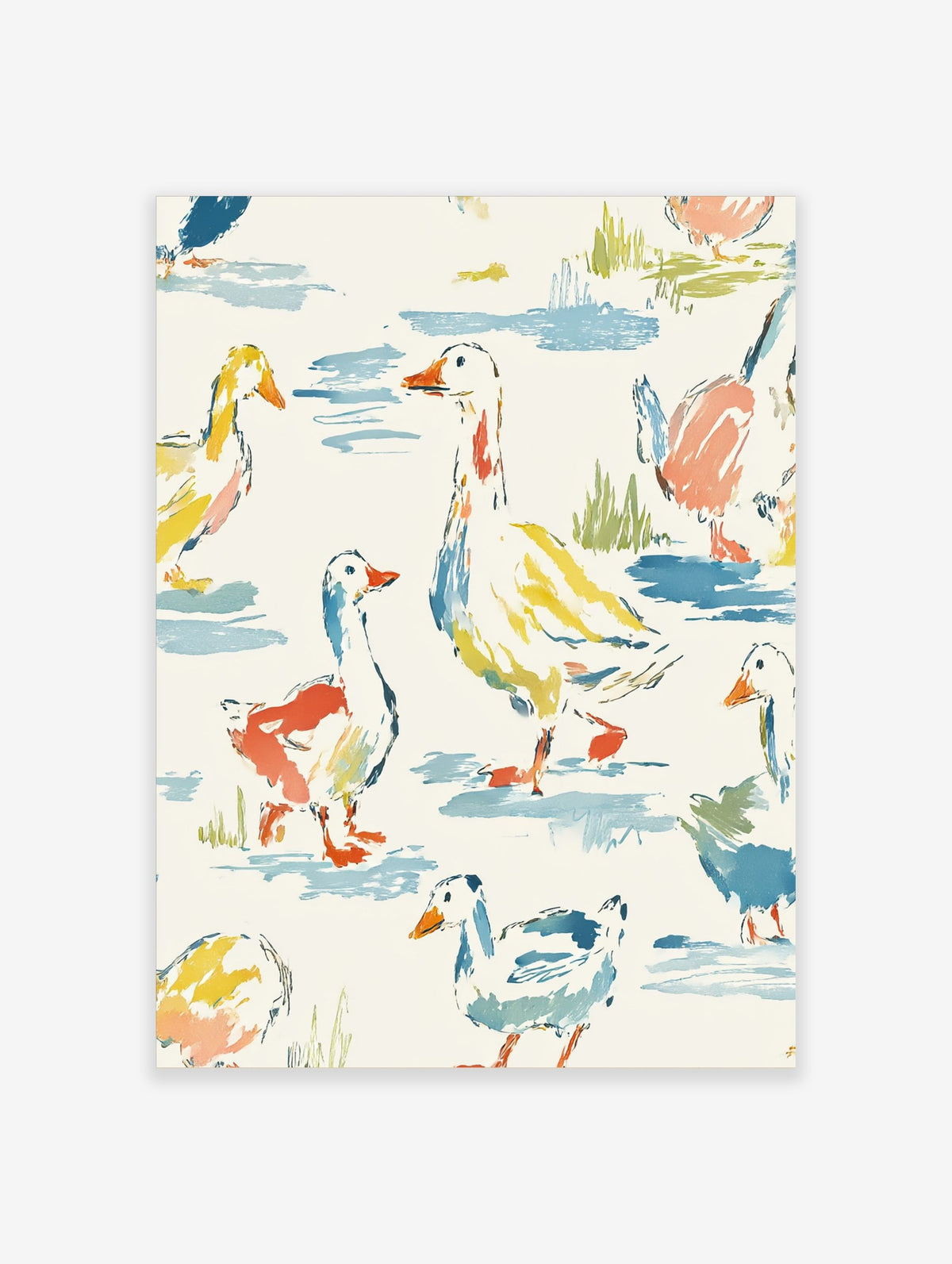 Watercolour illustration of ducks and geese in various poses on a light background with blue water and green grass