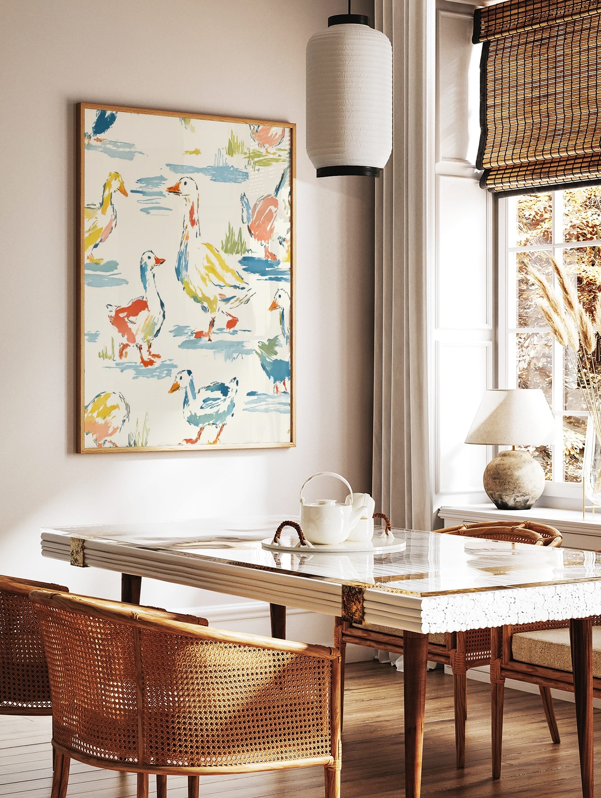 Watercolour illustration of ducks and geese in various poses on a light background with blue water, in a styled room mockup