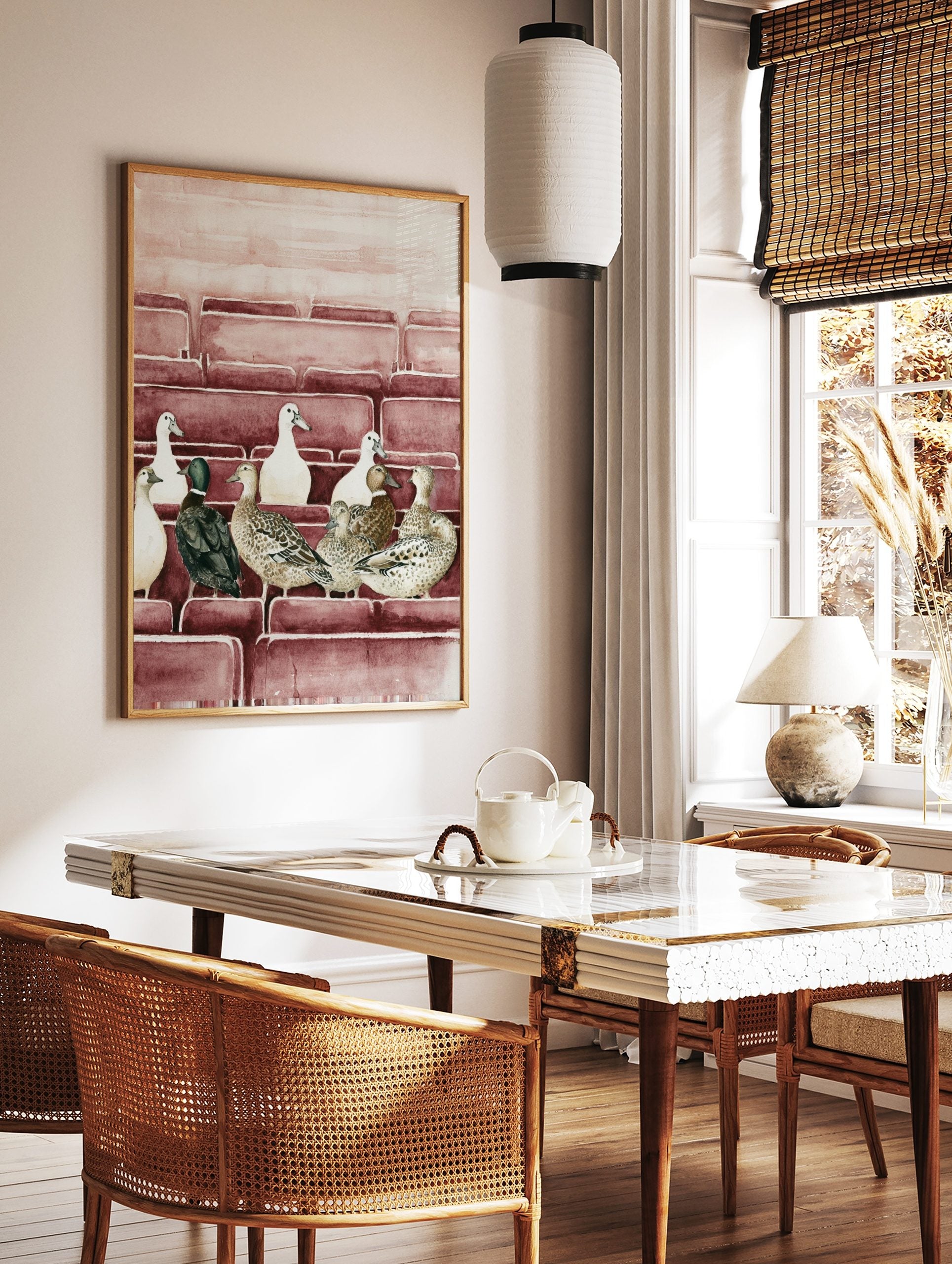 Watercolour illustration of multiple ducks (white, brown, green-headed) sitting in rows on, in a styled room mockup