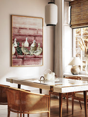 Watercolour illustration of multiple ducks (white, brown, green-headed) sitting in rows on, in a styled room mockup