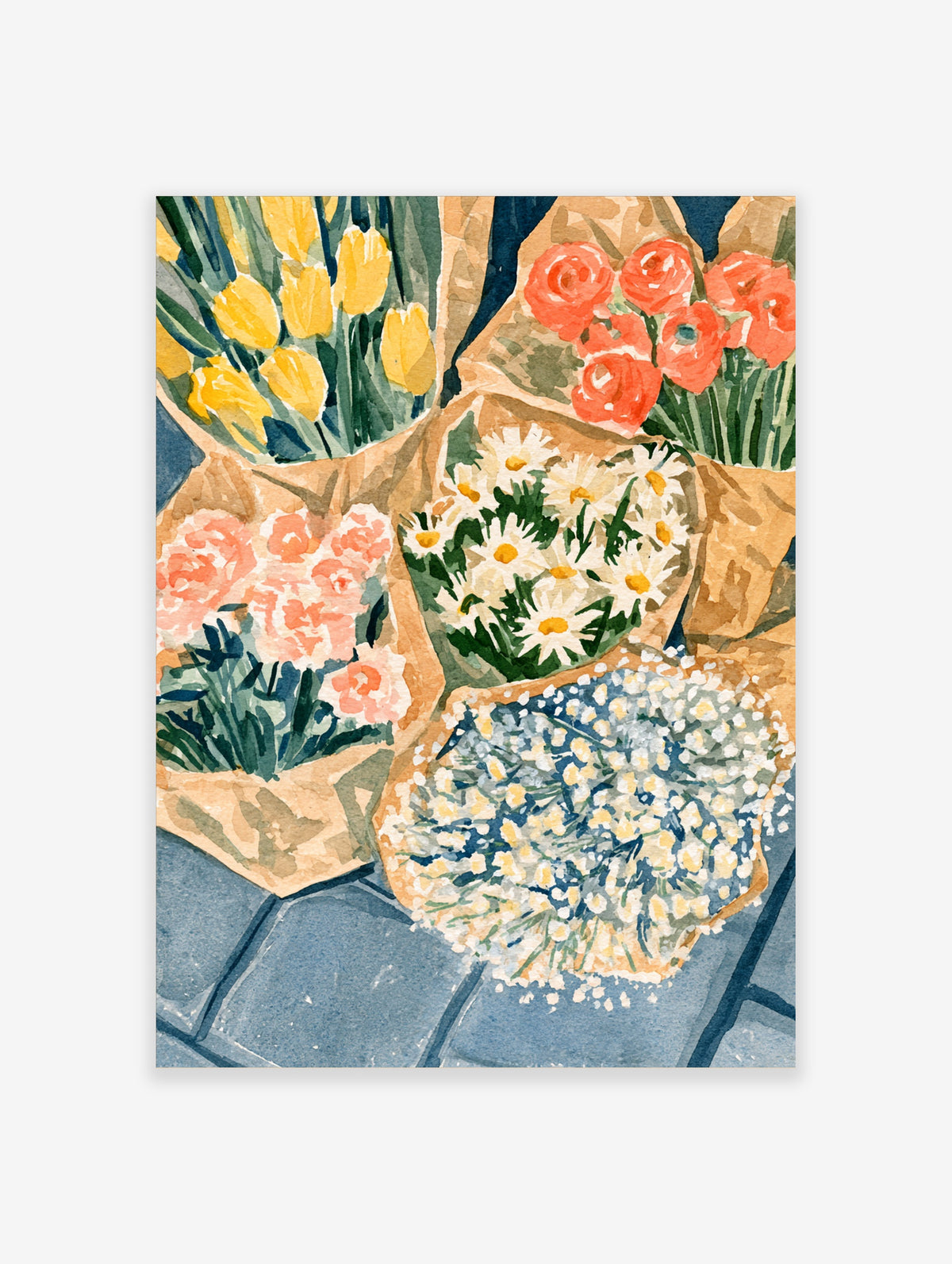 Watercolour flower bouquet poster with tulips, roses, daisies and baby's breath in kraft paper on blue paving