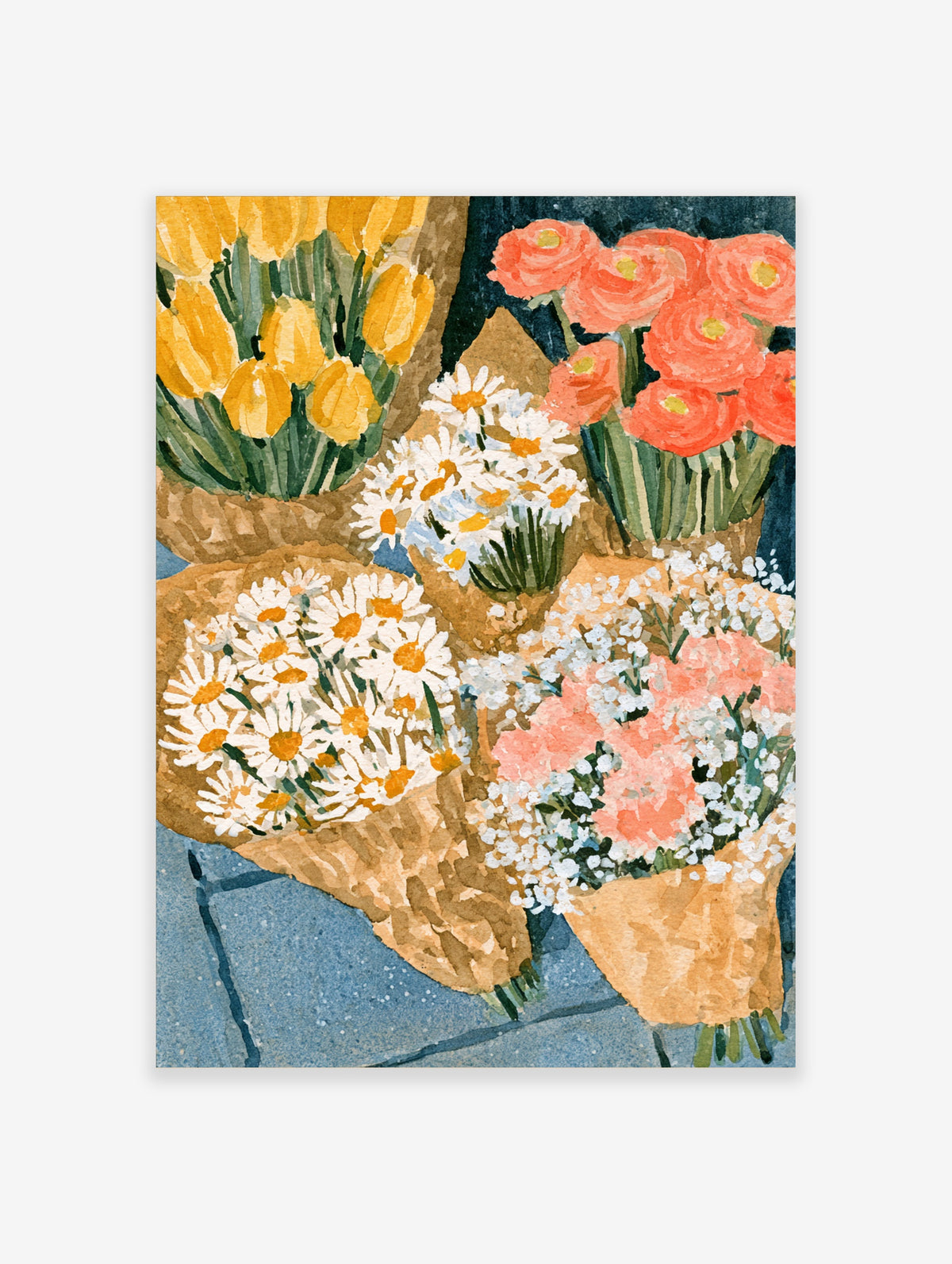 Watercolour flower bouquet poster with yellow tulips, pink ranunculus and white daisies in brown paper on blue tiles