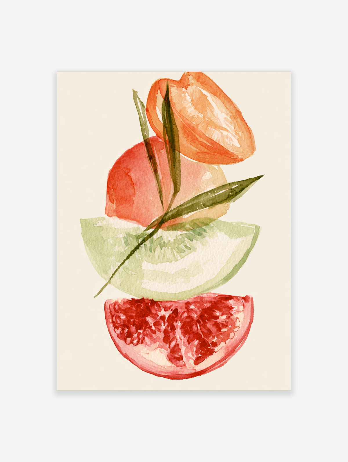 Watercolour fruit poster with pomegranate, melon, peach, orange and green leaves on cream background