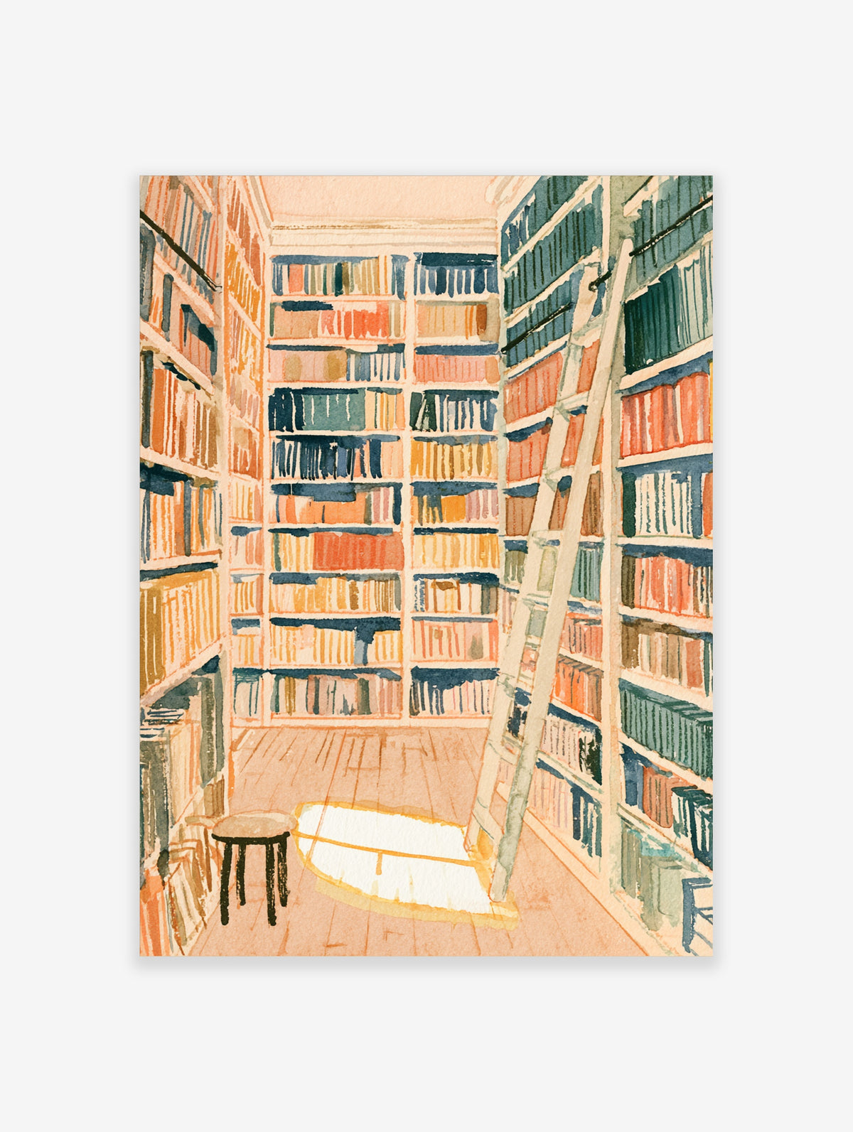 Watercolour library interior with tall bookshelves, wooden ladder, stool, and sunlit floorboards