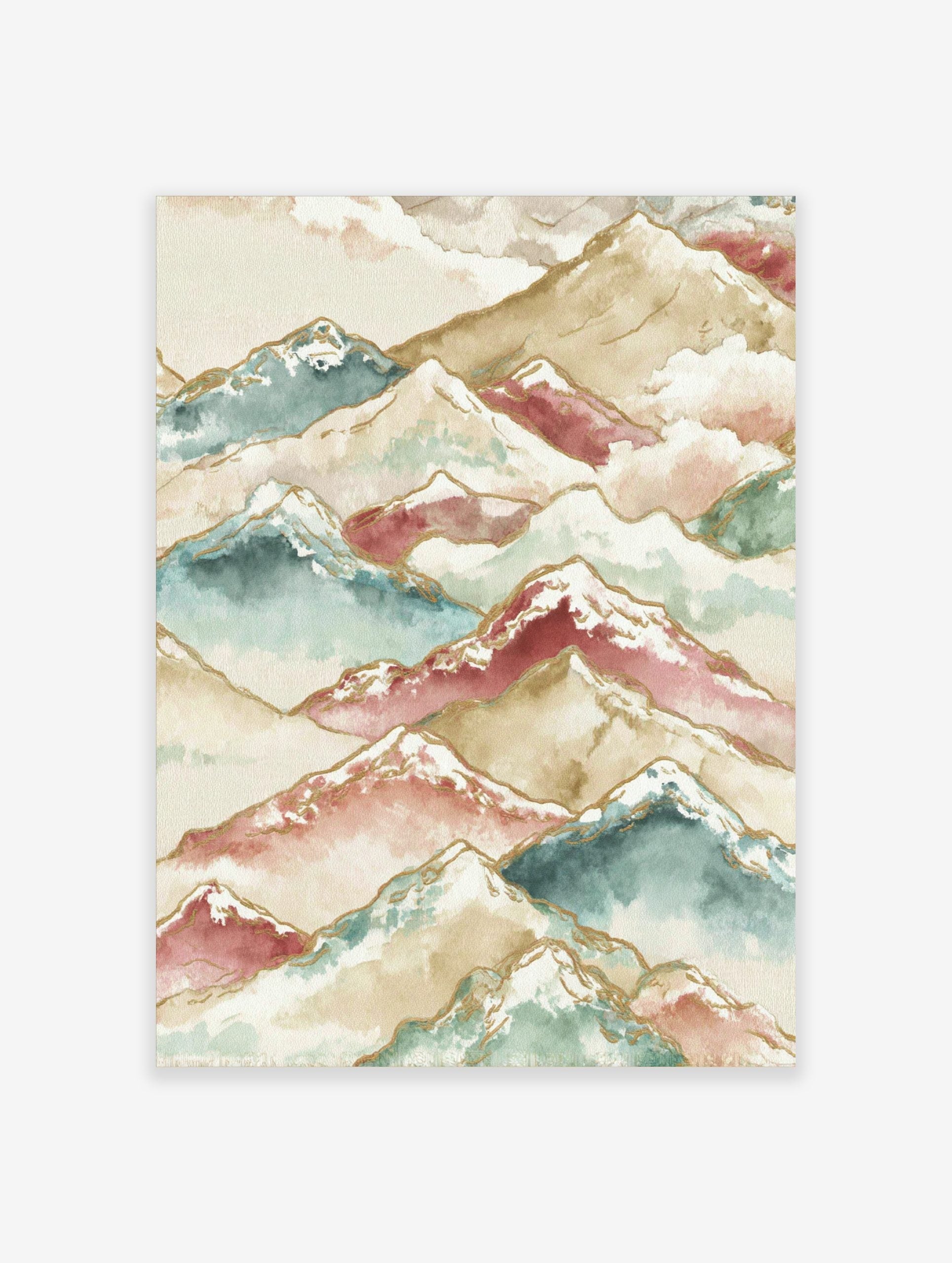 Watercolour mountain range art print with layered peaks in beige, teal, maroon, white, and gold outlines